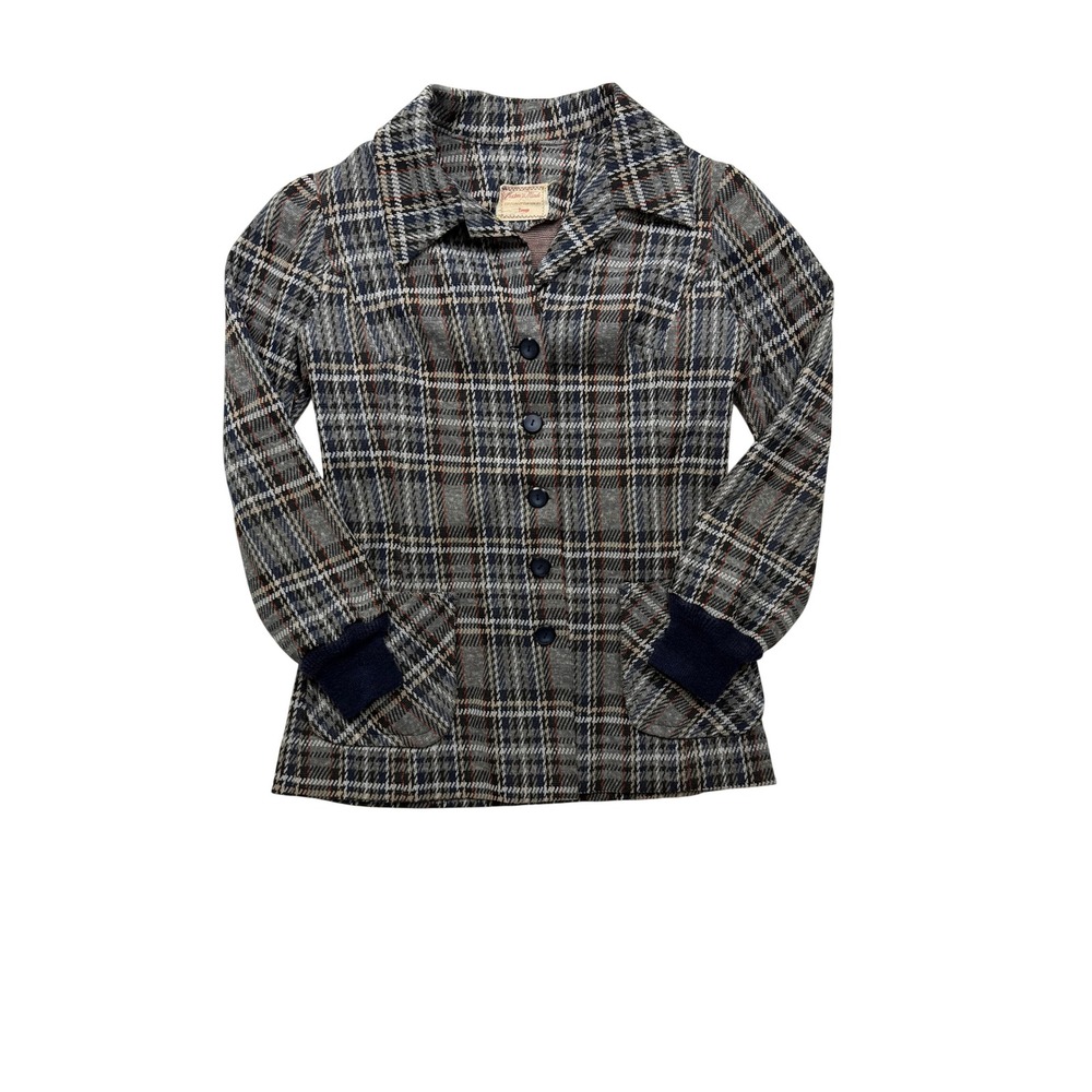 Vintage 1970s Handmade Plaid Knit Jacket Gray Navy Orange Women's XS